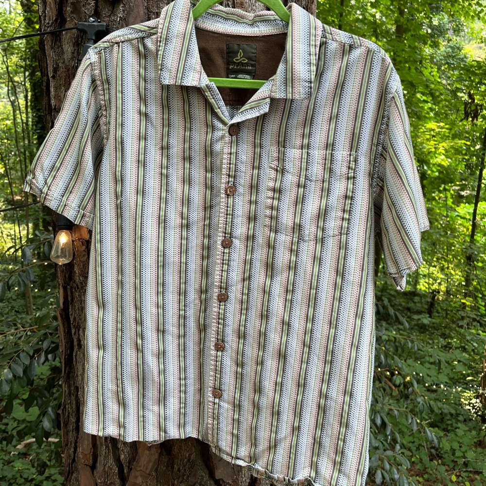 Prana button down shirt with wooden buttons.